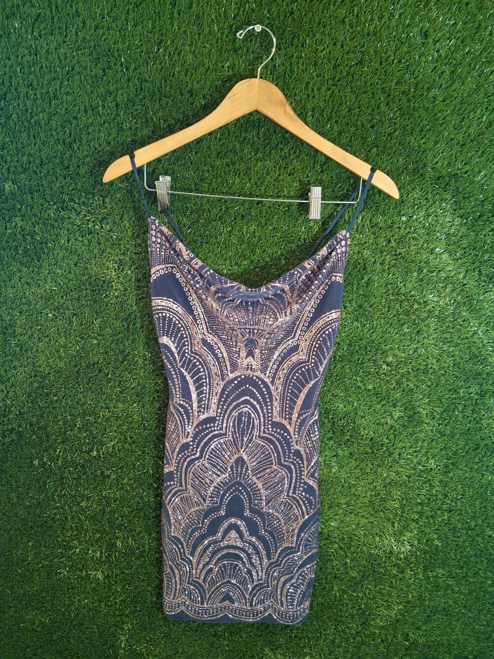 Jump Apparel Navy Blue Rose Gold Sequin Art Deco Bodycon Mini Dress XS USA